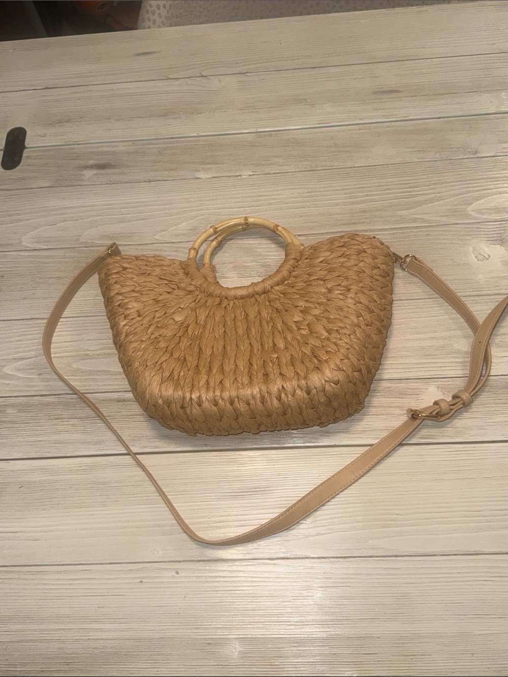 Woven Straw Shoulder Bag with Bamboo Handle - Natural